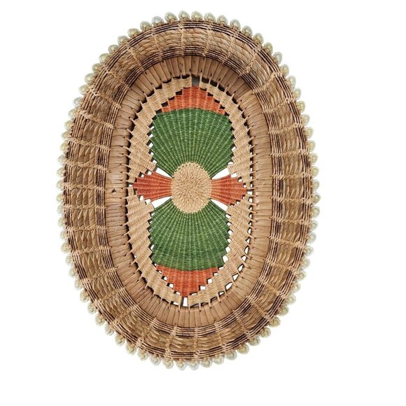 Vintage Oval Basket Handwoven Natural Fiber Oval Cowrie Shell Coiled Bread Boho - Picture 1 of 10